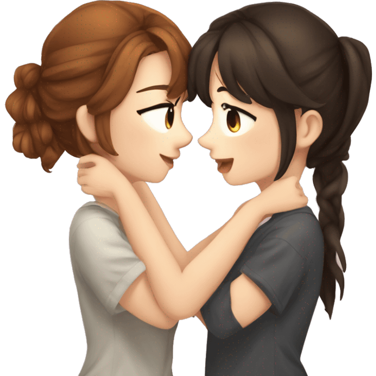 I need two cute anime brunette girls kissing. One with freckles. Super cute anime style. emoji