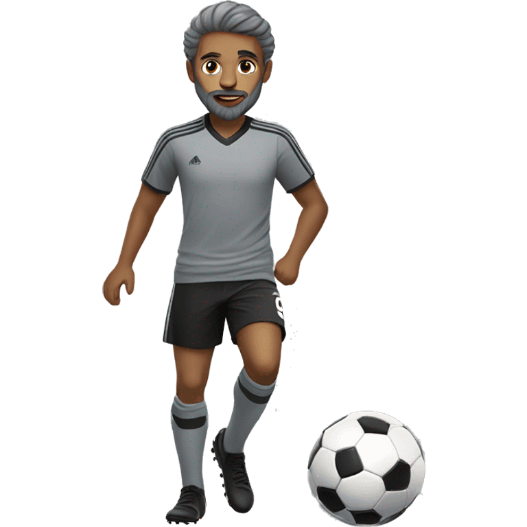 boy in gray soccer uniform and black shorts with gray beard  and hair kicking a soccer ball emoji