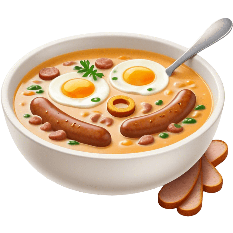 Cinematic Realistic ≈ªurek Soup Dish Emoji, depicted as a tangy, creamy rye soup with sausage and egg rendered with detailed textures and warm, comforting lighting. emoji