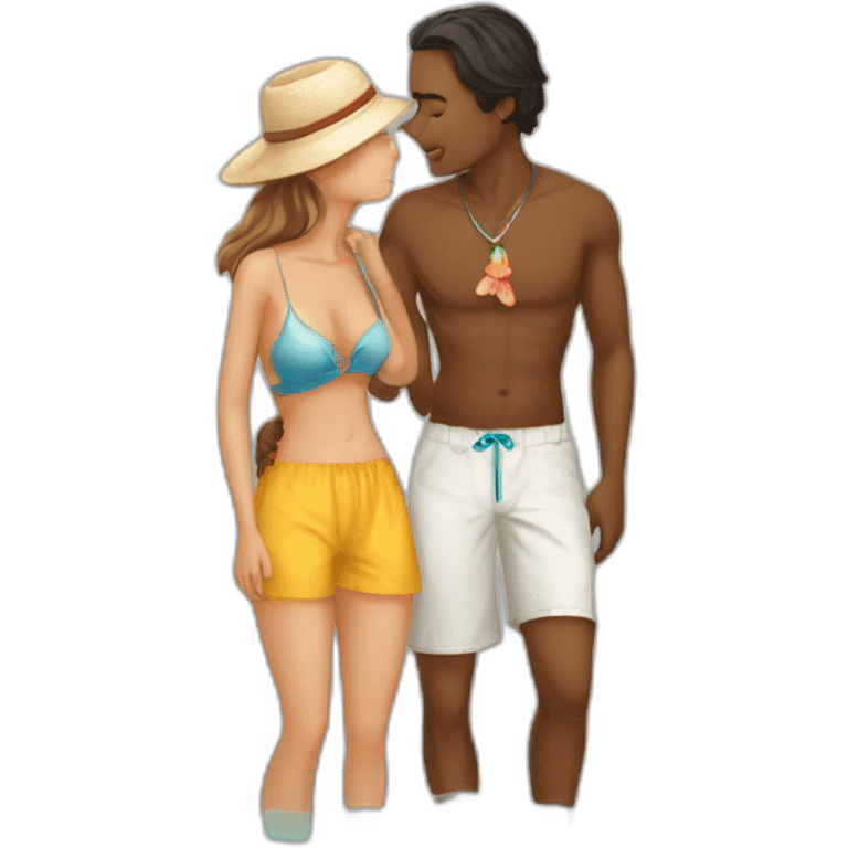 with beach clothes young metis man and white woman kiss love emoji