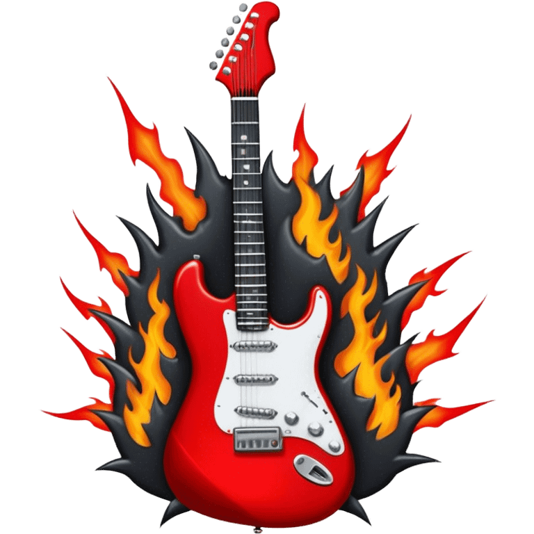 Create a bold and powerful emoji representing rock vocal performance in a humanless collage. The design should feature a vintage microphone at the center, surrounded by a heavy, aggressive hardcore electric guitar with sharp, jagged edges. Include crossed drumsticks behind the guitar, symbolizing the intense rhythm of rock music. Add fiery elements like flames or lightning bolts to enhance the raw energy of the design. Use dark, bold colors like black, red, and silver, with metallic or chrome accents to reflect the rebellious, hard-hitting nature of rock. The background should be transparent. emoji