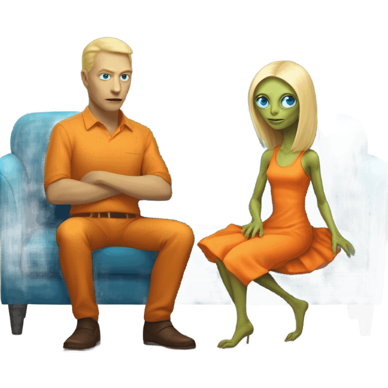 blonde alien reptilian woman in orange dress and humman man in blue, sitting on a couch  emoji