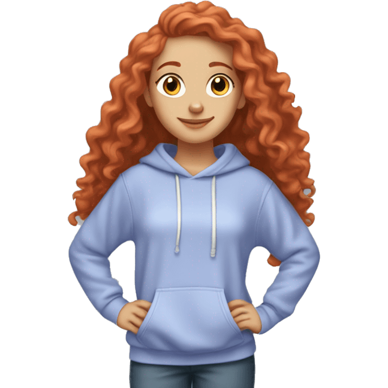 a white girl with long red curly hair, wearing a pastel periwinkle hoodie doing a pose emoji