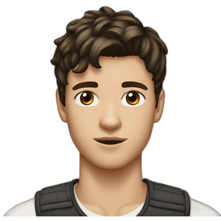 18 years old boy with brown eyes, dark brown modern mullet haircut and earring in left ear emoji