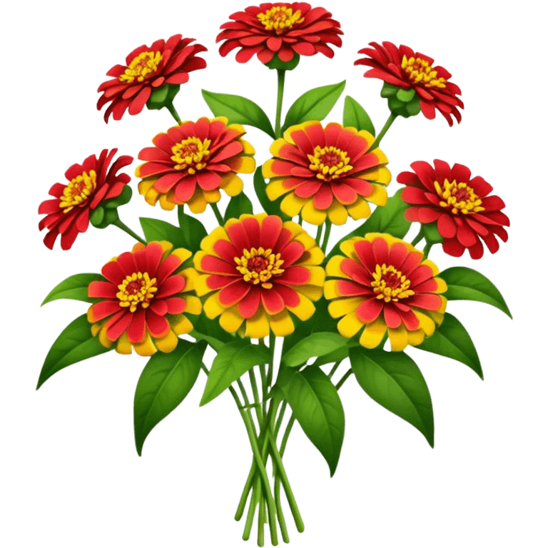 bouquet red Yellow Zinnia, luxuriant, stem, leaf emoji