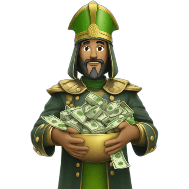 Saladin with green salad in the left hand and stack of money in other hands emoji