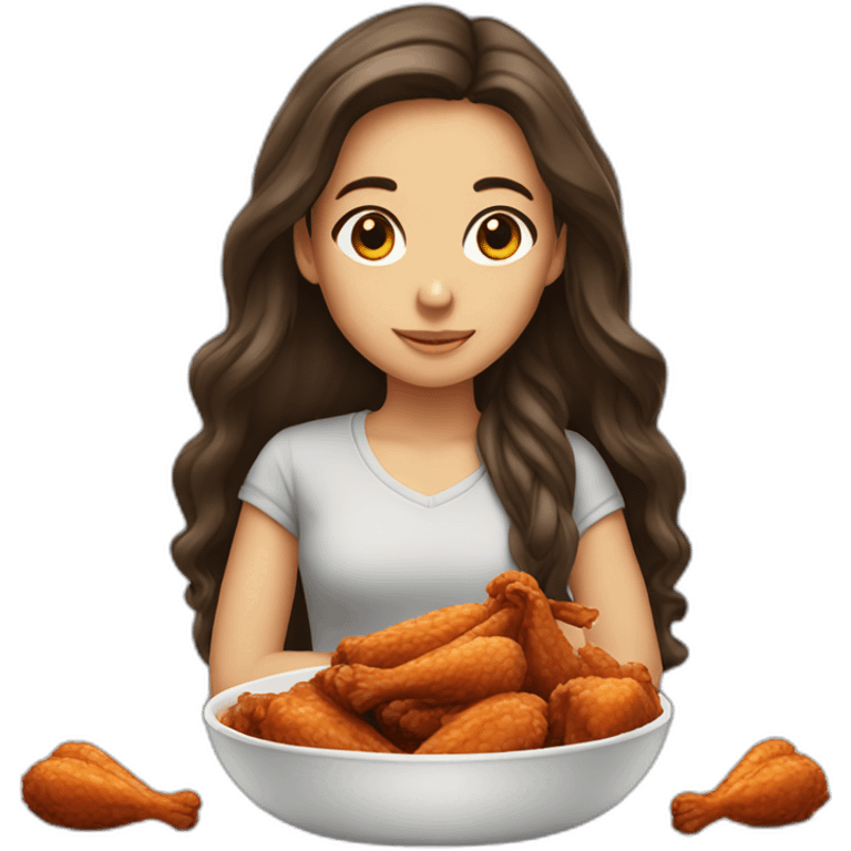 A brunette girl with long hair, eating chicken wings emoji