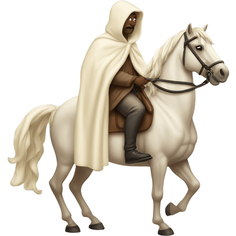 Man with cream colored hooded robe riding a horse ￼ emoji