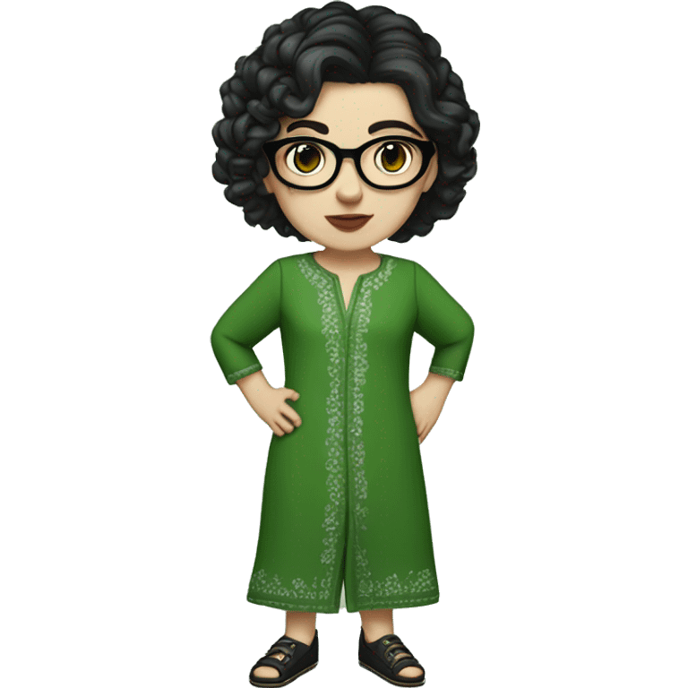 White girl in a green kurta with flower design, glasses, alot of piercing, gay, red lips, nose ring, full body, teen, short black straight edgar hair,  emoji