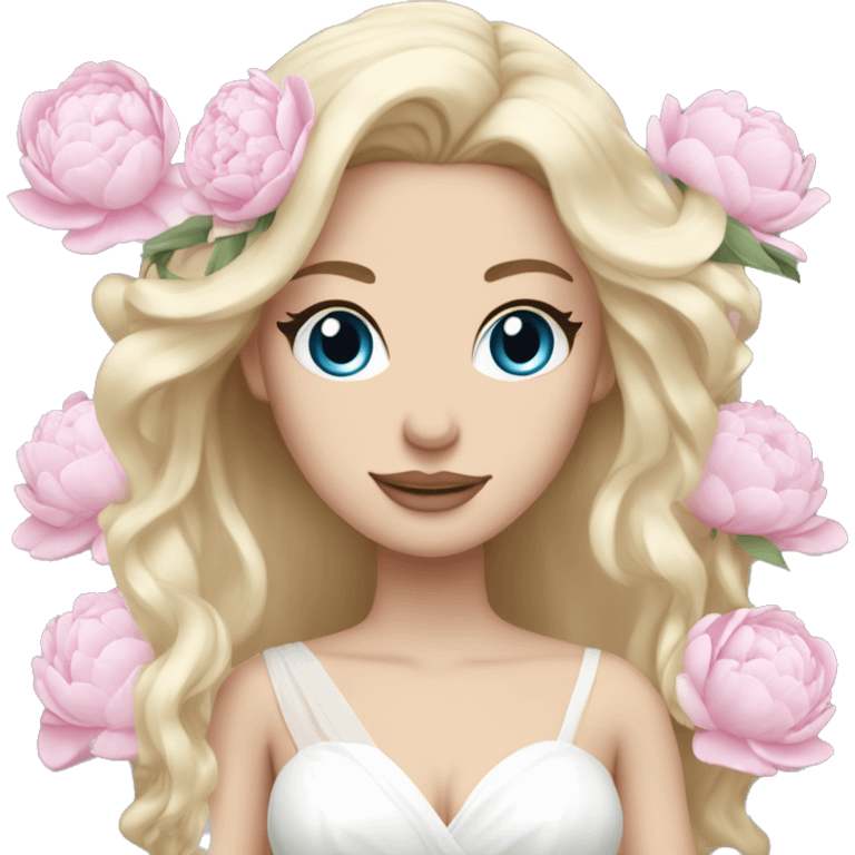 White bride with long light blonde hair and blue eyes with light pink peonies in hair white skin  emoji