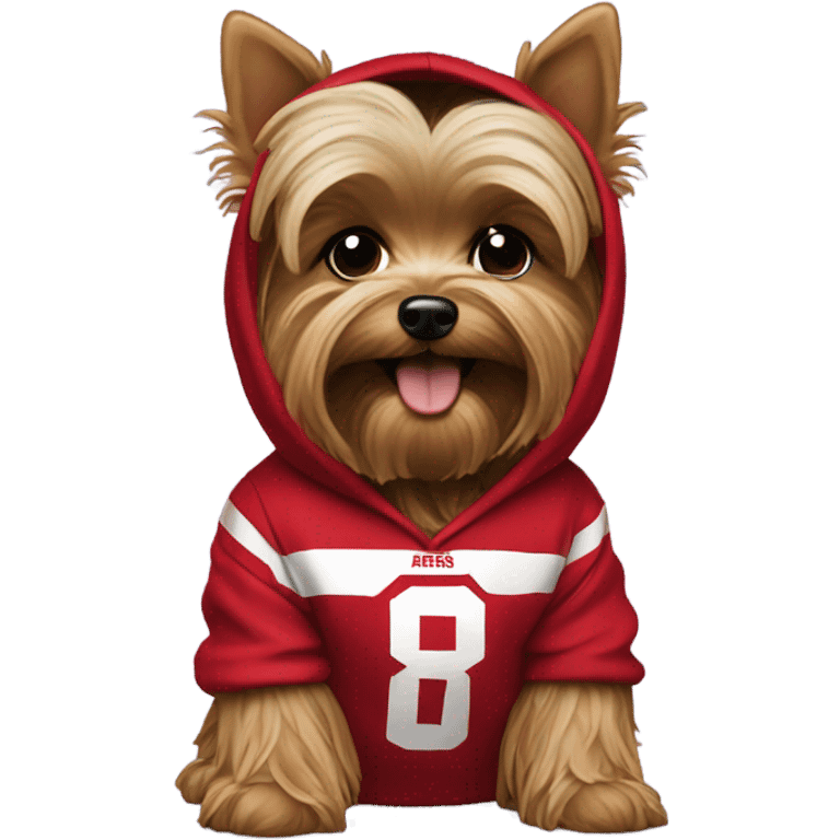 Generate yorkie emoji wearing 49ers hoodie emoji