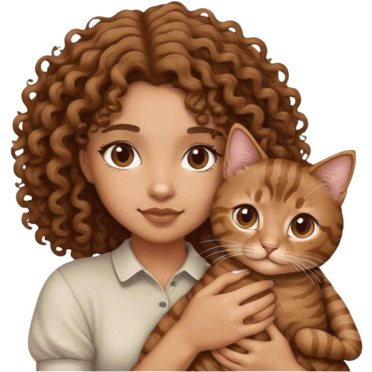 Light skin girl with curly hair holding a brown tabby cat  emoji