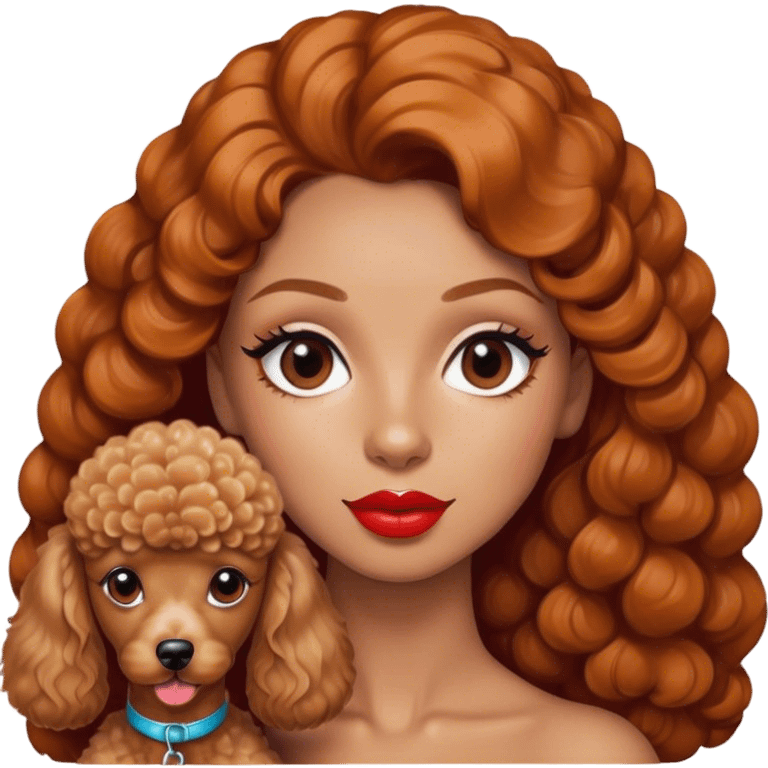 Mujer pelo caramelo, ojos marrones, labios rojos con perro caniche emoji