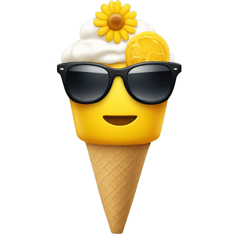 a yellow head with a flower on its head and sunglasses; holding an ice cream emoji