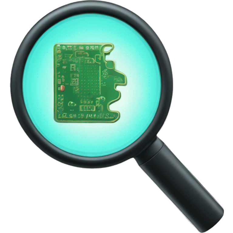 a magnifier with a printed circuit inside and a palm trace  emoji