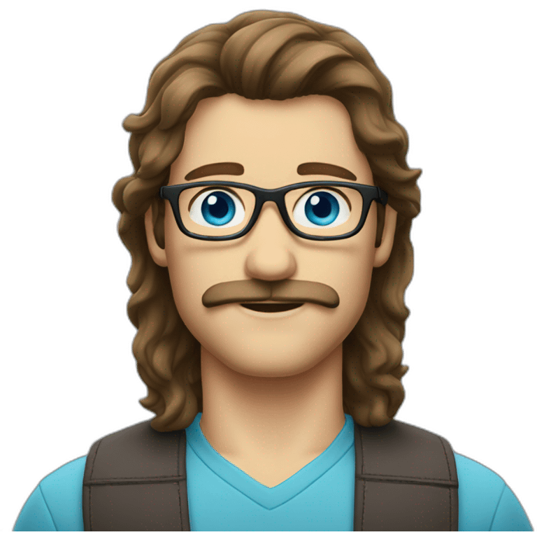 man with brown hair mustache mullet blue eyes and glasses emoji