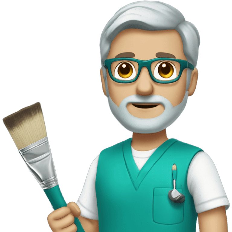 male dark blond doctor with grey beard with hazel eyes and small wire glasses in teal scrubs holding a paintbrush and paint can emoji