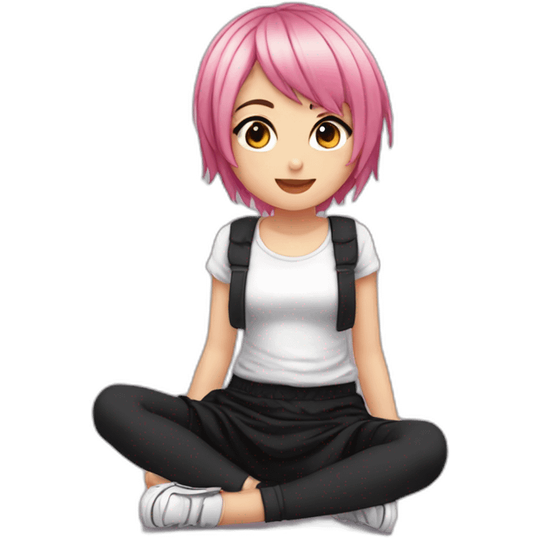 Full body Front view curvy emo girl pink hair sits on the floor straight view hands up black skirt белые трусики полосатые рваные чулки emoji