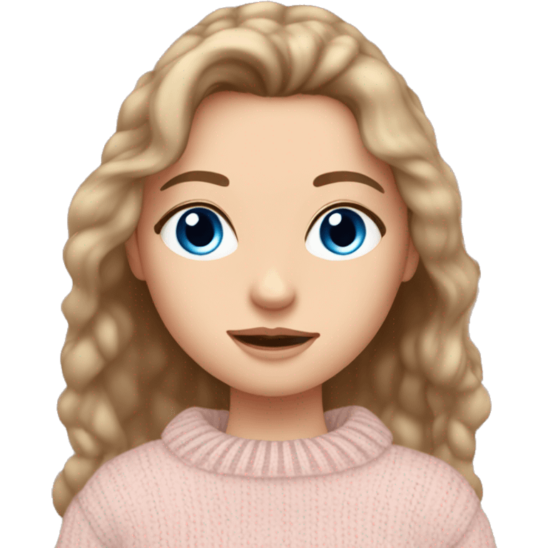 Pretty blue eyed white girl with brown hair with light pink sweater reading cozy emoji