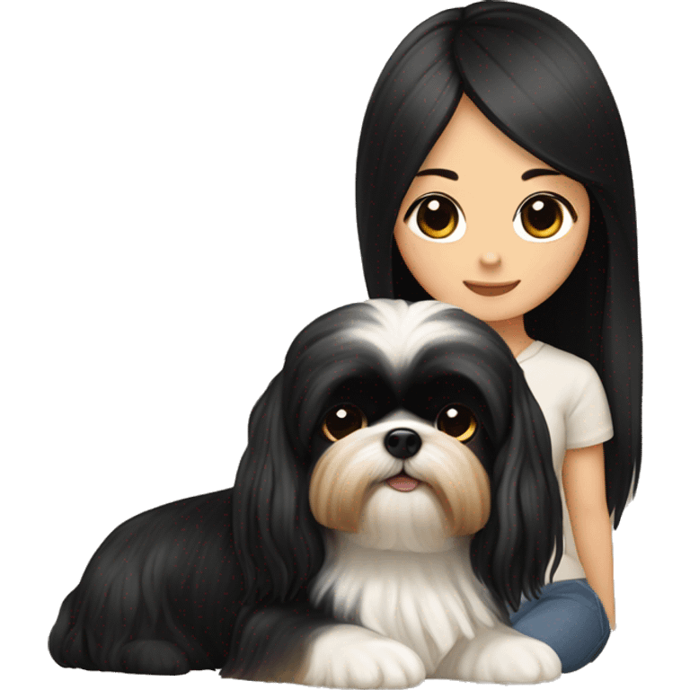 long black hair korean girl with her beige and black shih tzu yorkie. The dog has short floppy ears and has light distinct eyebrows  emoji