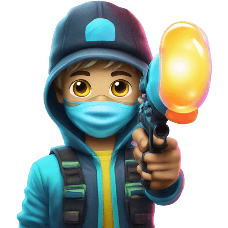 Caucasian boy in glowing rave gear with mask and hat and shooting a bubble gun emoji