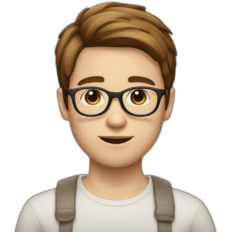 Boy with white skin and brown straight hair and round glasses, brown eyes emoji