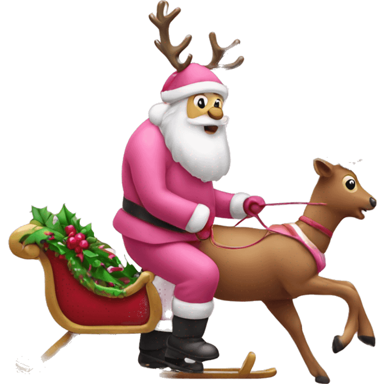 Pink reindeer pulling a sled with Santa  emoji