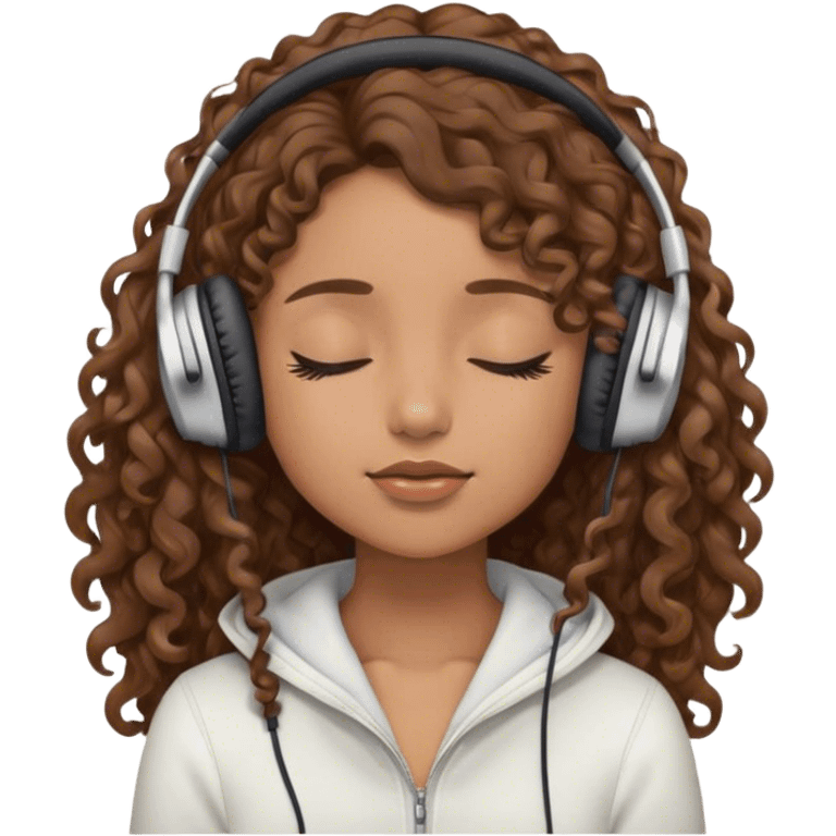 Light brown skin girl, long curly brown flat hair, eyes closed, headphones on listing to music emoji