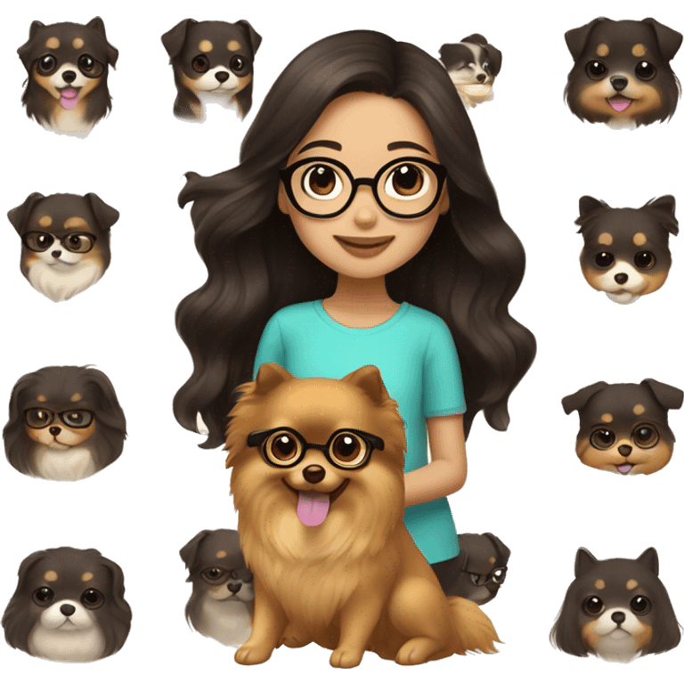 Asian Girl with long wavy dark brown hair and medium brown eyes and gold eyeglasses holds her pet pomeranian emoji