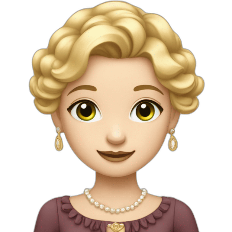 A cute girl with golden hair, soft features, green eyes, and fair skin. She smiles and wears a Coco Chanel dress. emoji