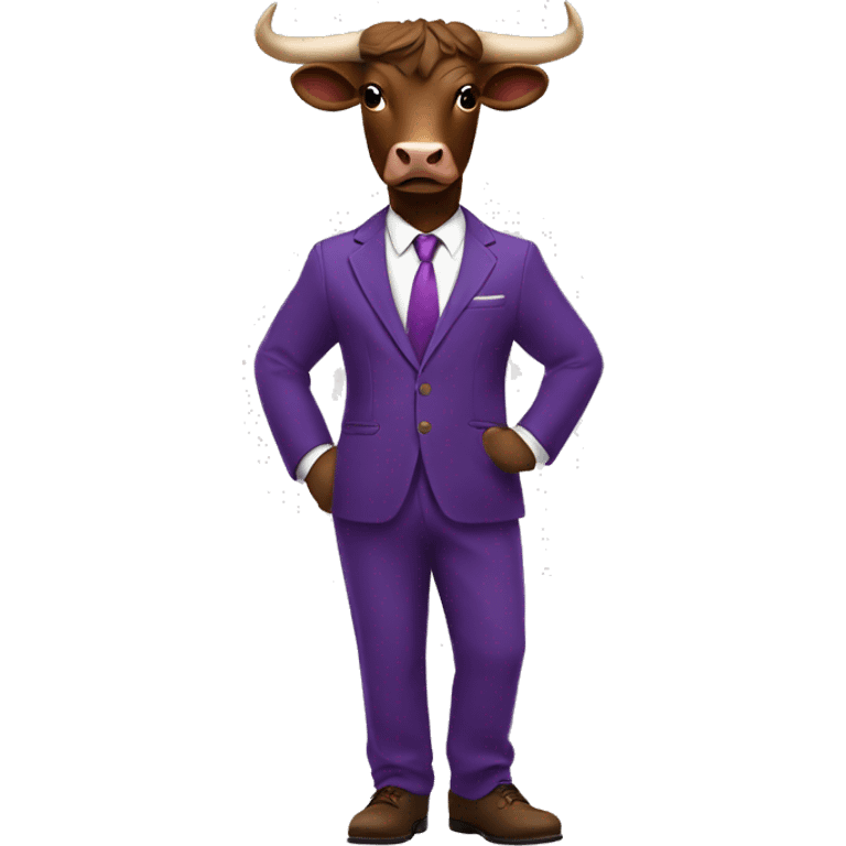 Brown bull with horns standing wearing purple 3 piece suit with brown shoes emoji