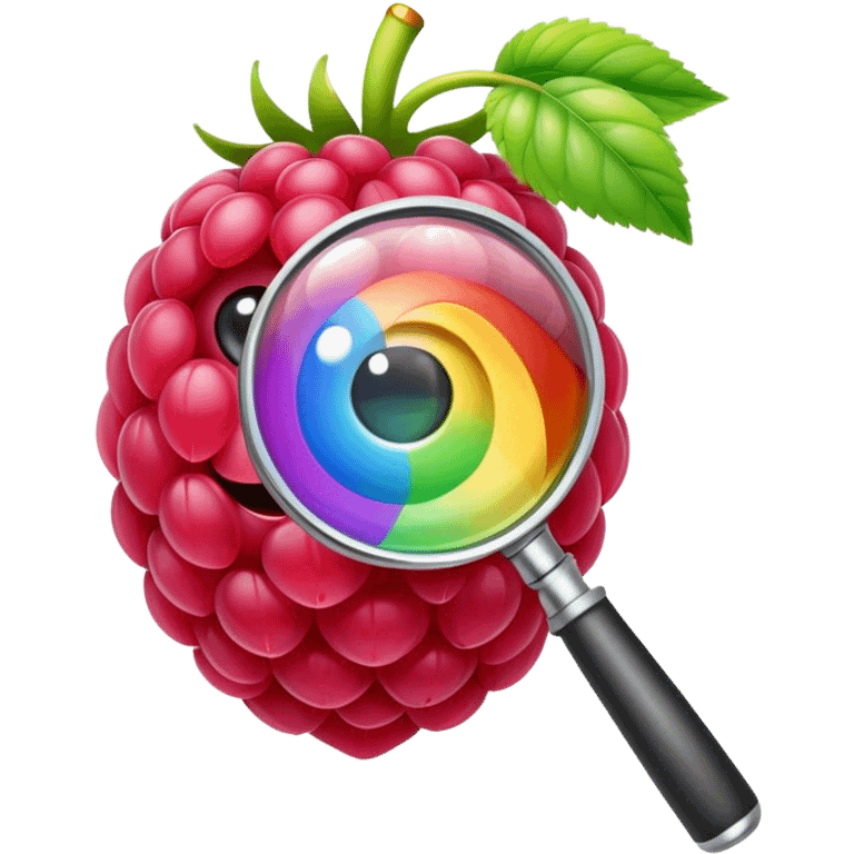 a raspberry holds a rainbow colored magnifier with its budding from handle of magnifier emoji