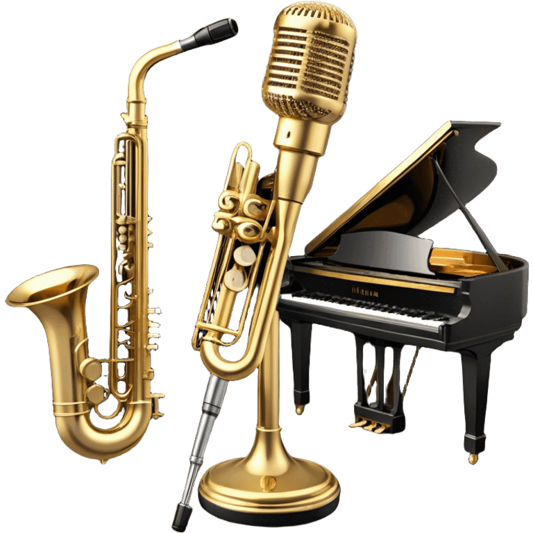 Create an elegant and vintage-inspired emoji representing jazz vocal performance. In the foreground, feature a classic, antique jazz microphone on a stand. Behind it, place a grand piano, with the lid slightly open, and have a Selmer Model 19 Balanced Action trumpet resting on top of the piano. The trumpet should have visible details like its shiny brass finish and the unique design of the valves. Add musical notes flowing around the scene to capture the improvisational essence of jazz. Use rich, deep colors like black, gold, and dark wood tones to evoke the timeless, sophisticated atmosphere of jazz. The background should be transparent. emoji