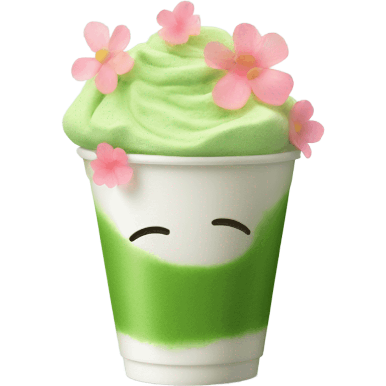 Matcha and ￼fluffy foam in plastic cup decorated with flower petals  emoji