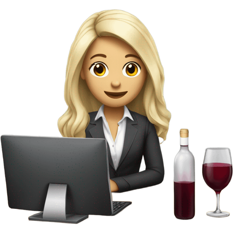 Cute office working brunette with blonde highlights drinking wine while at computer long hair fair skin emoji