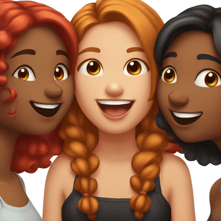 3 girls: one honey brown, black and red hair one making a kissy face, one giving a playful cheek kiss, and one smiling widely. Show a fun, happy vibe of friendship emoji