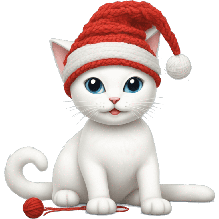 white cat wearing a christmas hat playing with a ball of red yarn emoji