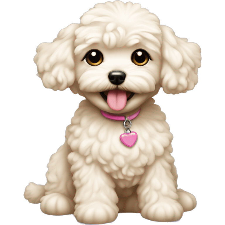 Maltipoo dog girl creamy colour with toy in her teeth emoji