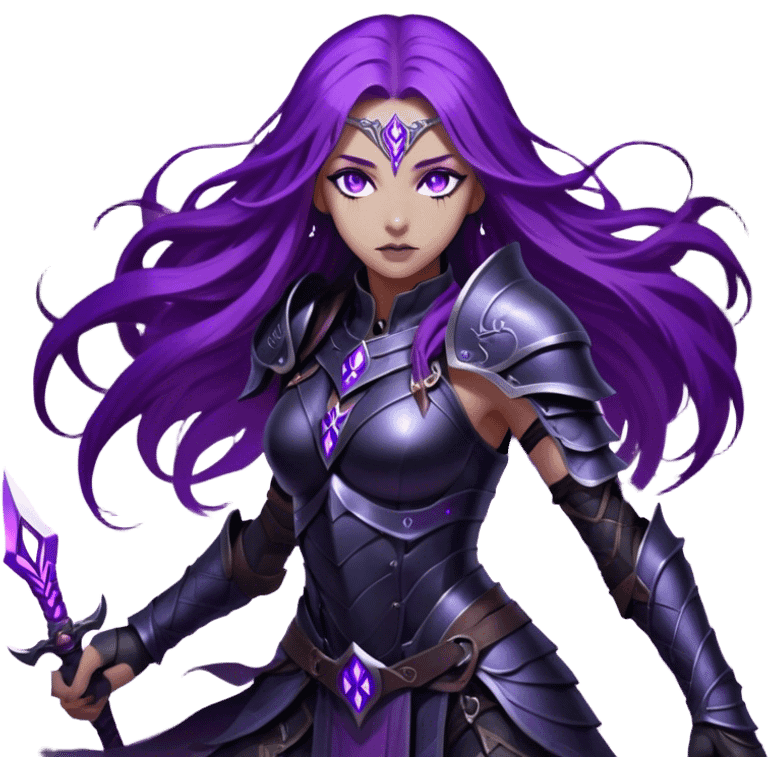 A mysterious warrior girl with long, flowing purple hair catching the dim light. Her glowing violet eyes stare forward, unwavering. She wears sleek black armor, adorned with silver runes that pulse faintly with hidden power. A dark mist swirls at her feet, hinting at the energy she commands. emoji