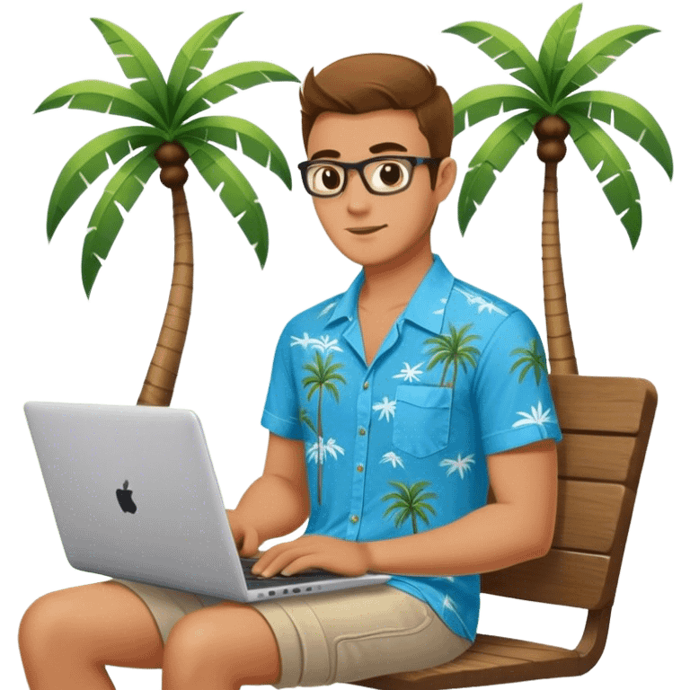 A digital nomad in bali working on a laptop wearing a tropical blue shirt with a palm tree on the side emoji