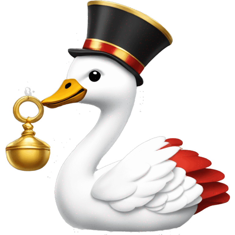 A swan wearing a jester's cap in red, white and gold. It has a champagne glass in one wing and a golden bell in the other emoji