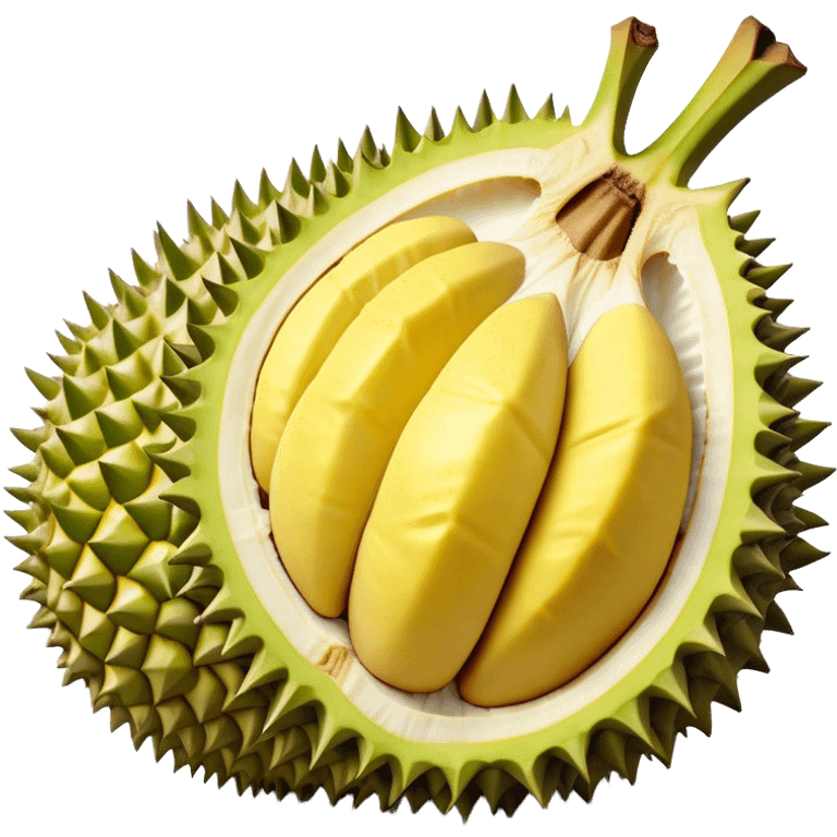 Cinematic Realistic Durian Fruit Dish Emoji, depicted as the notorious spiky fruit with a rich, custardy interior rendered with lifelike detail and bold, distinctive lighting. emoji