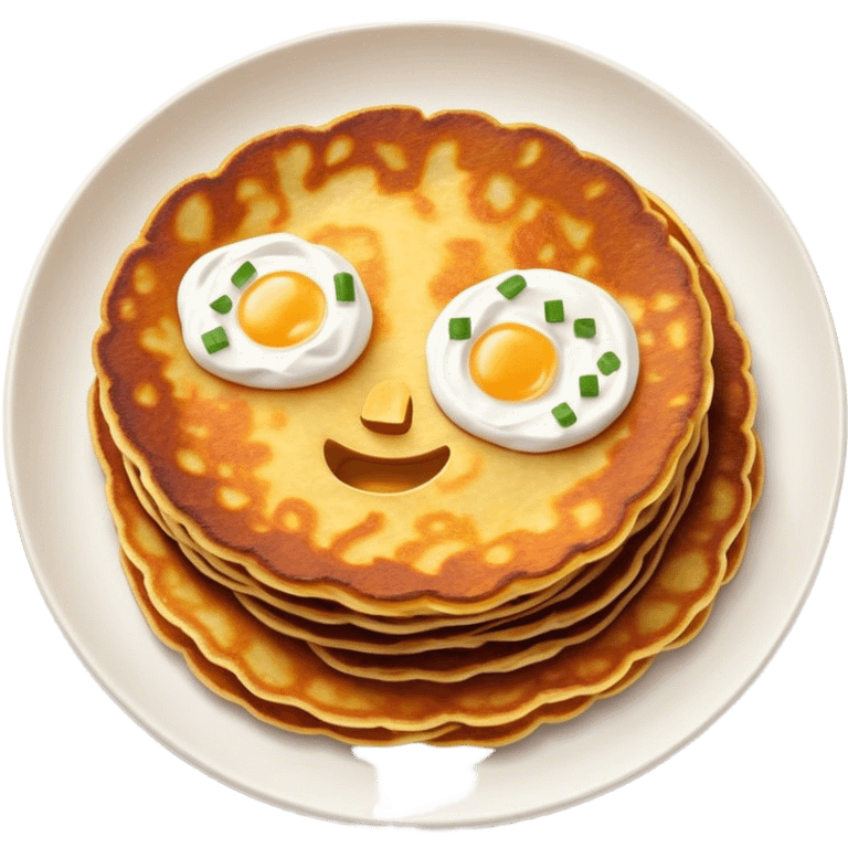 Cinematic Realistic Placki Ziemniaczane Dish Emoji, depicted as crispy potato pancakes served with sour cream rendered with vivid textures and warm, appetizing lighting. emoji