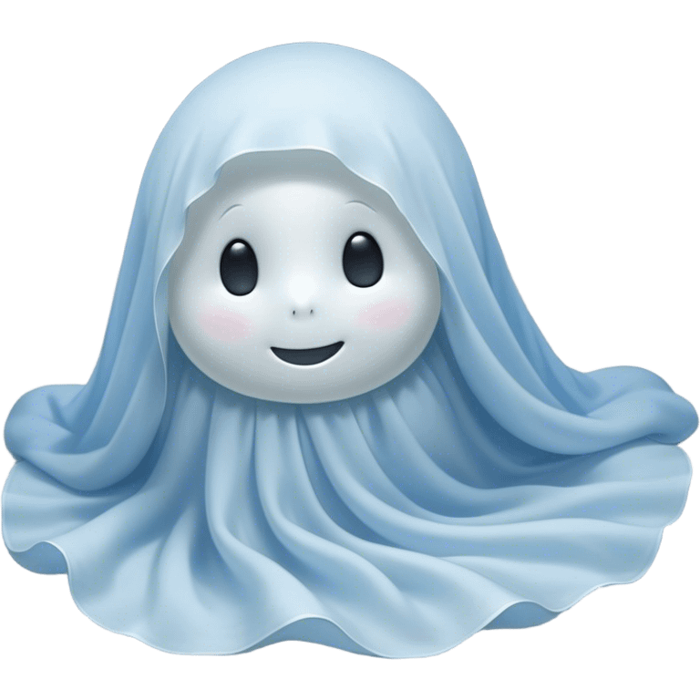 An adorable, peacefully floating sheet-like ghost in gentle pastel whites and blues, its soft, rounded form loosely draped, head resting with closed, serene sparkling eyes and a tiny, contented smile, simplified yet irresistibly charming, highly detailed, with a soft glowing outline that captures the essence of a sleepy, endearing spirit wrapped in cozy slumber! emoji