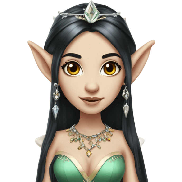 elf princess with pointy ears, white skin, black hair with jewellery,  emoji