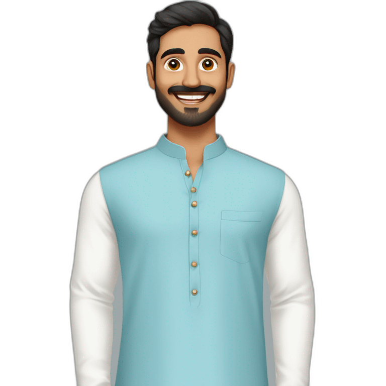 South  Indian guy wearing light blue keen length kurtha with white skinny pant  with smile and light beard  emoji