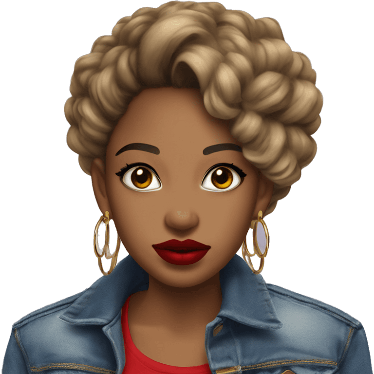 Baddie brown girl denim jacket hoop earrings red lipstick  emoji