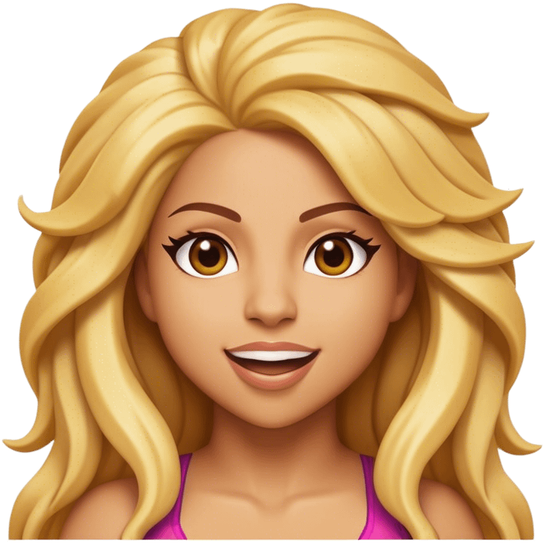 Cinematic Realistic Shakira Pop Culture Emoji, depicted with an energetic, dynamic portrayal of the global pop star rendered with lifelike textures and vibrant, charismatic lighting. emoji