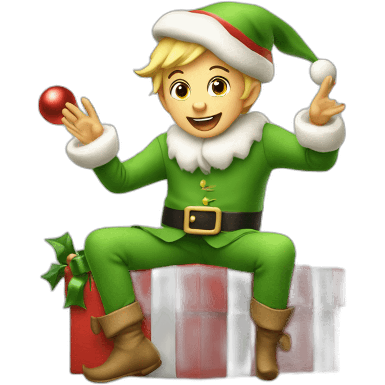 Overjoyed Christmas elf sits on a present and sings christmas songs emoji