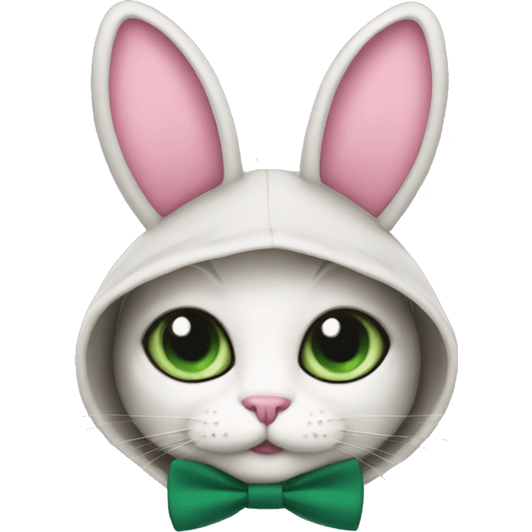 cat IN a bunny HOOD with pink bow tie and dark green eyes emoji